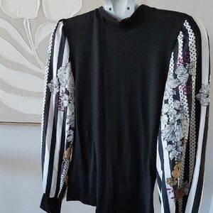 Black Top with Floral and Striped Sleeves